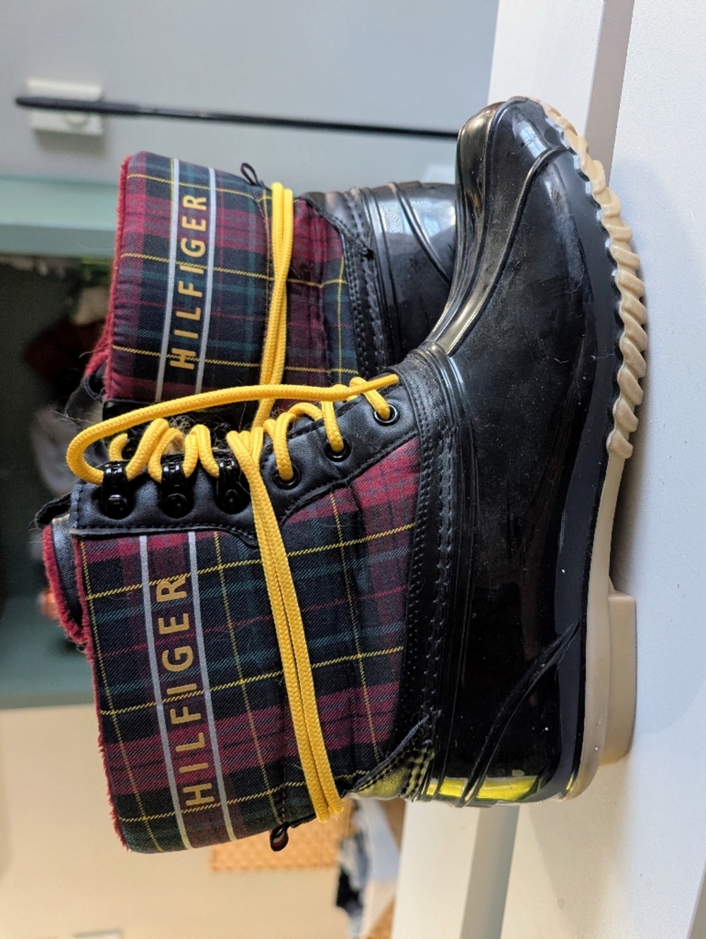 Tommy Hilfiger Black Plaid Winter Rain Boots with Yellow Laces